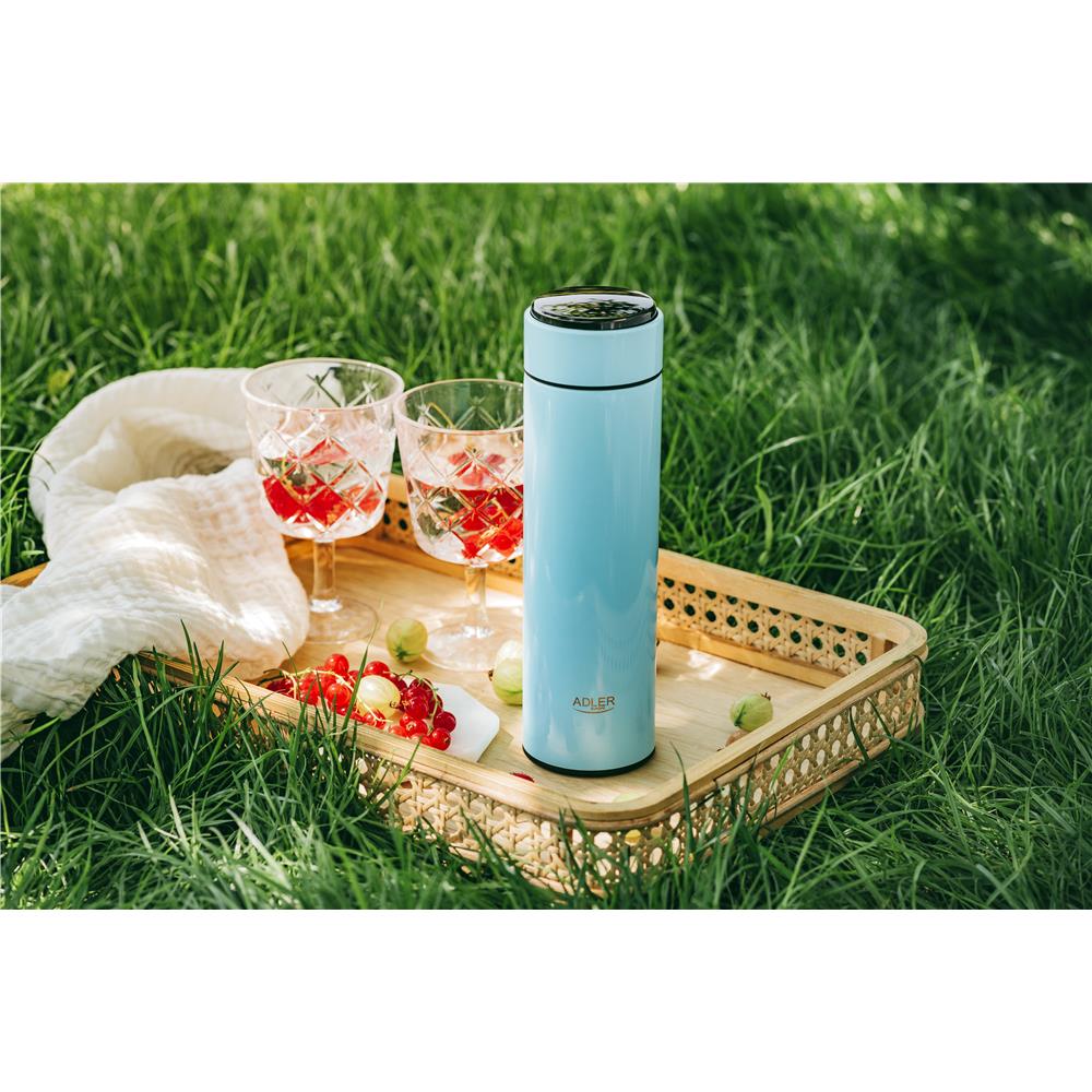 Adler Thermosflasche, 473ml, Blau, Trinkflasche mit LED-Temperaturanzeige