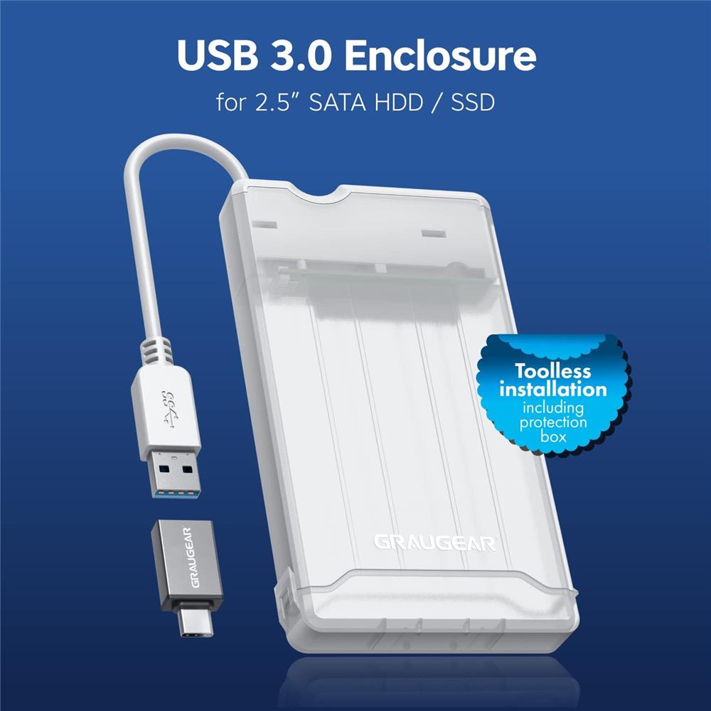 GRAUGEAR Externes Gehäuse für 2,5 Zoll SSD HDD mit USB C Adapter