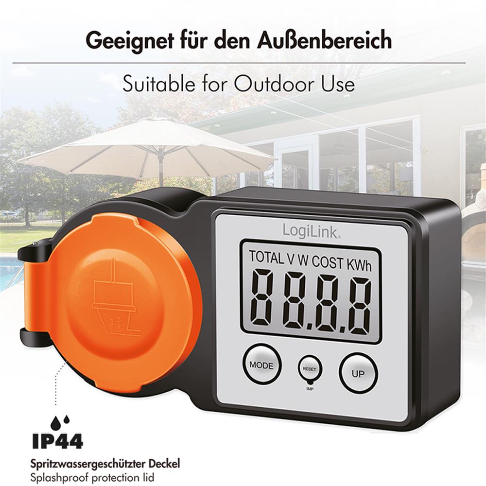 LogiLink Außensteckdose mit Energiekostenmesser & LCD – Stromverbrauch im Garten überwachen