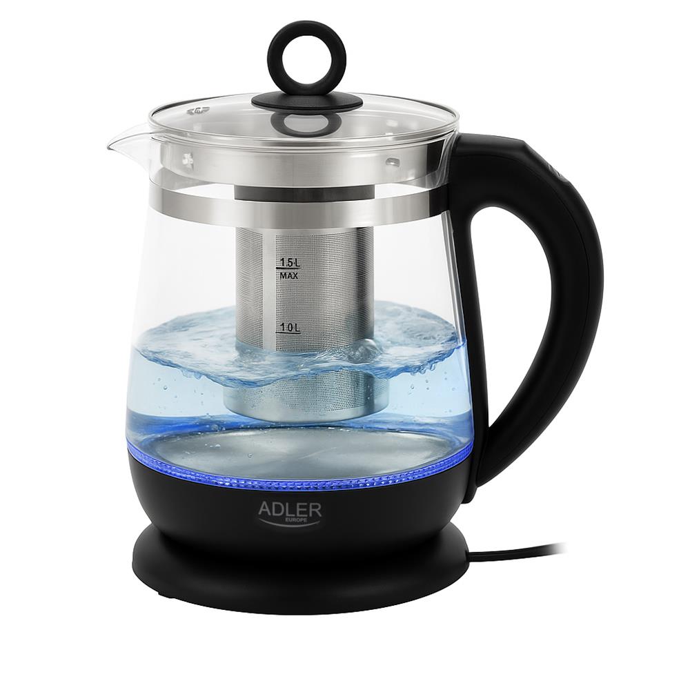 Adler AD 1299 Black Glas-Wasserkocher mit Temperaturregelung, Teesieb, LED-Beleuchtung, 1,5 L