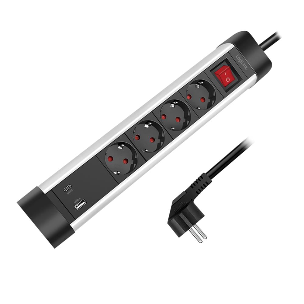LogiLink Steckdosenleiste 4-fach mit USB-A & USB-C Schnellladefunktion, 1,5 m Kabel