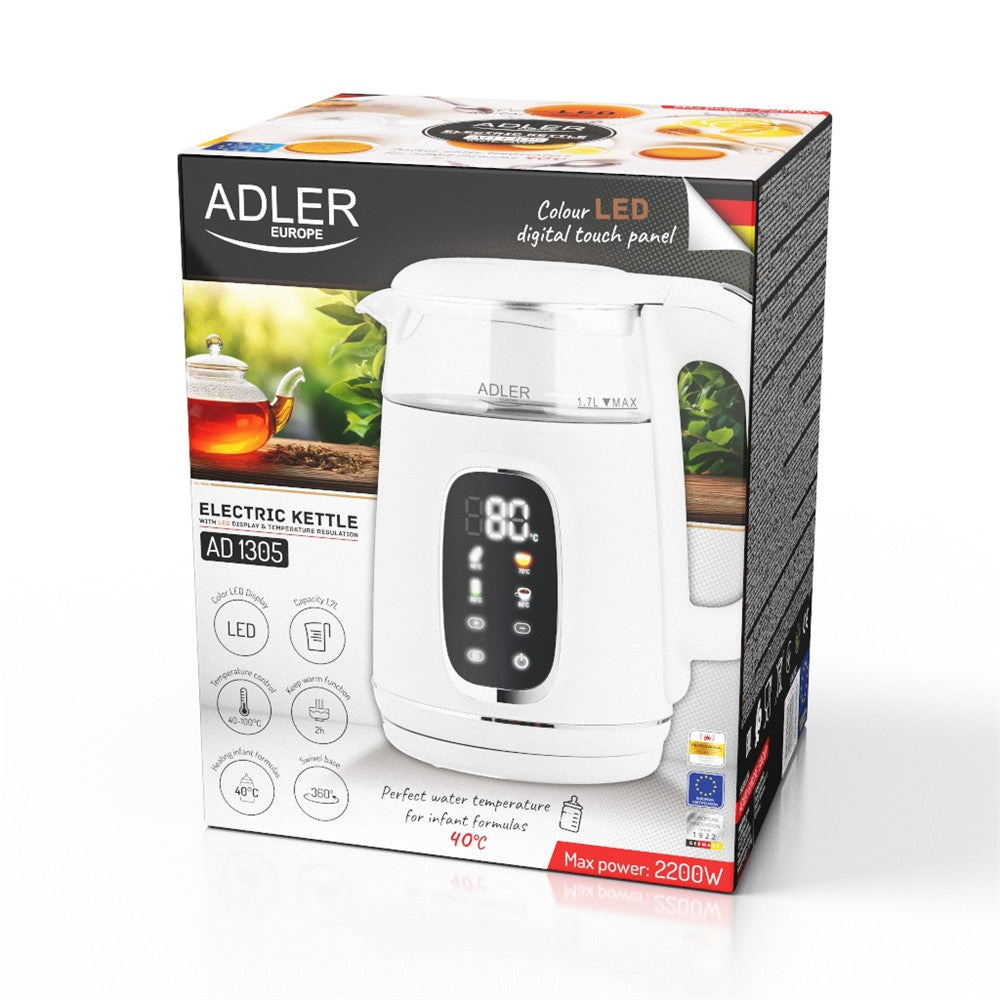 Adler AD 1305 Glas-Wasserkocher 1,7 L mit Temperaturwahl 40–100°C, LED-Display, Warmhaltefunktion 2 Std., 2200 W, Touch-Bedienung weiß silber
