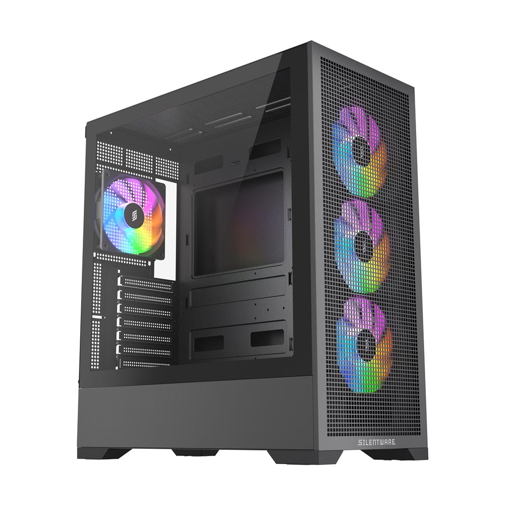 Silentware Core 100 A-RGB Black – Midi Tower mit Mesh-Front, Glas-Seitenfenster & 4 PWM RGB Lüftern