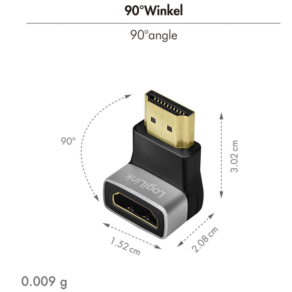 LogiLink HDMI-Adapter, A/M zu A/F 270° gewinkelt, 8K/60 Hz, schwarz/grau