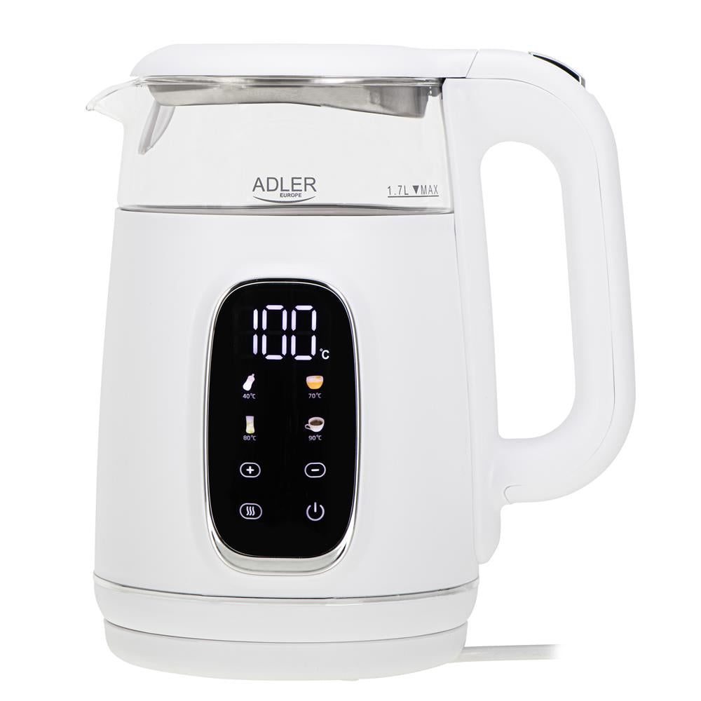 Adler AD 1305 Glas-Wasserkocher 1,7 L mit Temperaturwahl 40–100°C, LED-Display, Warmhaltefunktion 2 Std., 2200 W, Touch-Bedienung weiß silber