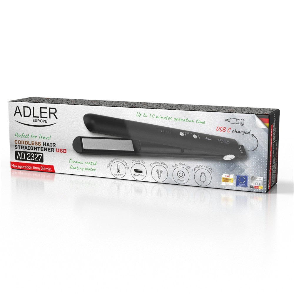 Adler AD 2327b Akku Glätteisen kabellos, USB-C Reise-Haarglätter mit Keramikplatten, LED-Display, 3 Temperaturstufen, Aufbewahrungsbeutel, Schwarz