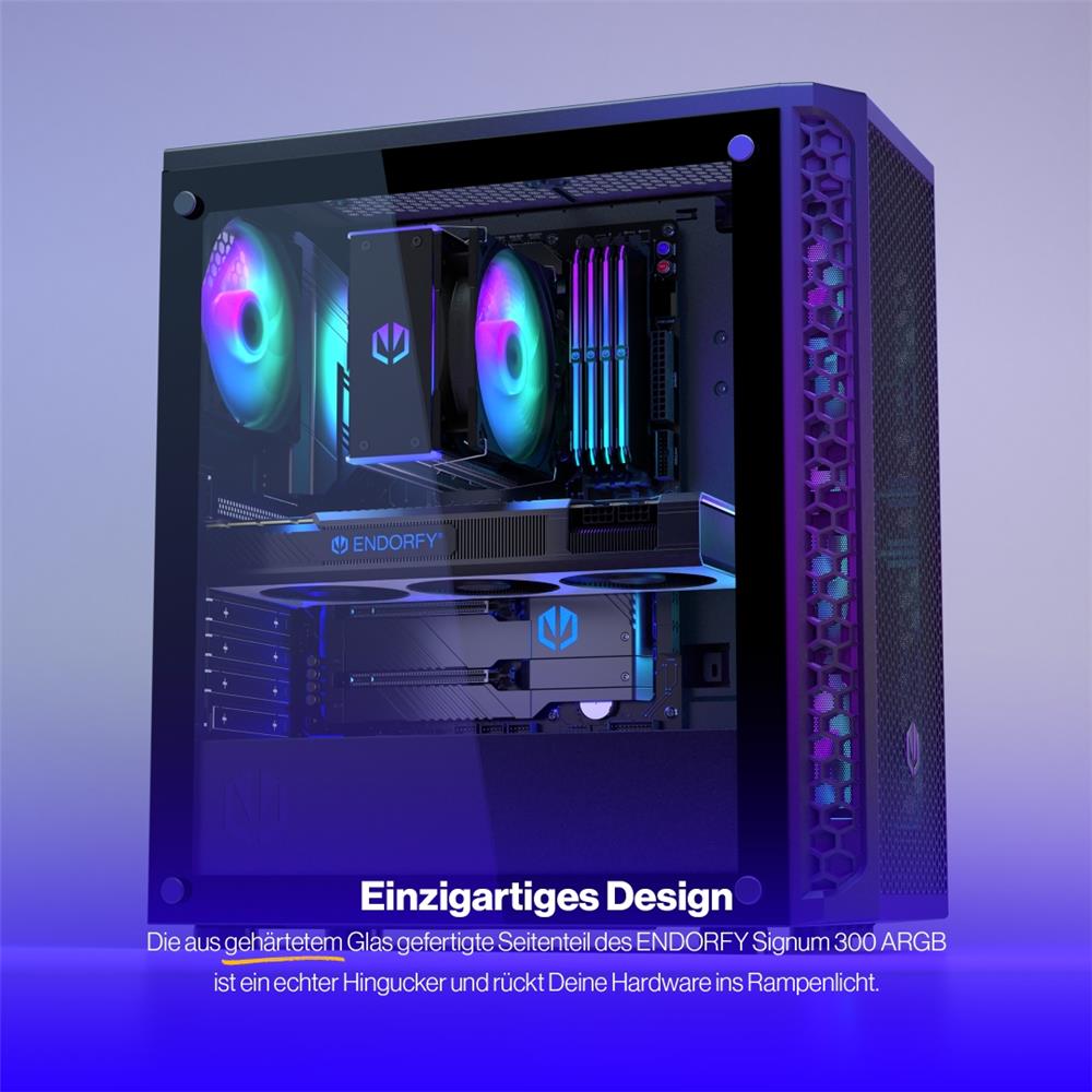 ENDORFY Signum 300 ARGB, ATX PC-Gehäuse, inkl. 4x 120mm ARGB PWM-Lüfter, Mesh-Frontplatte, Seitenteil aus gehärtetem Glas | EY2A006