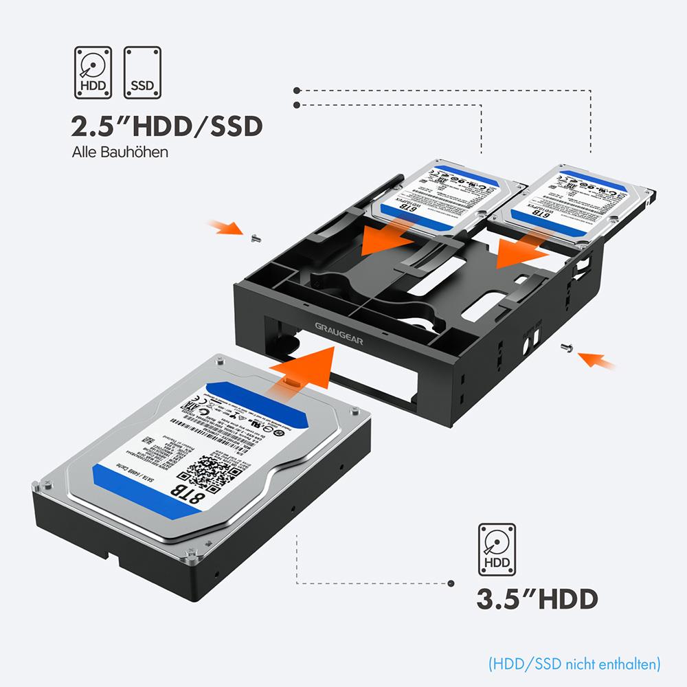 GRAUGEAR Einbaurahmen 5,25 Zoll für 2x 2,5 und 1x 3,5 Zoll HDD SSD
