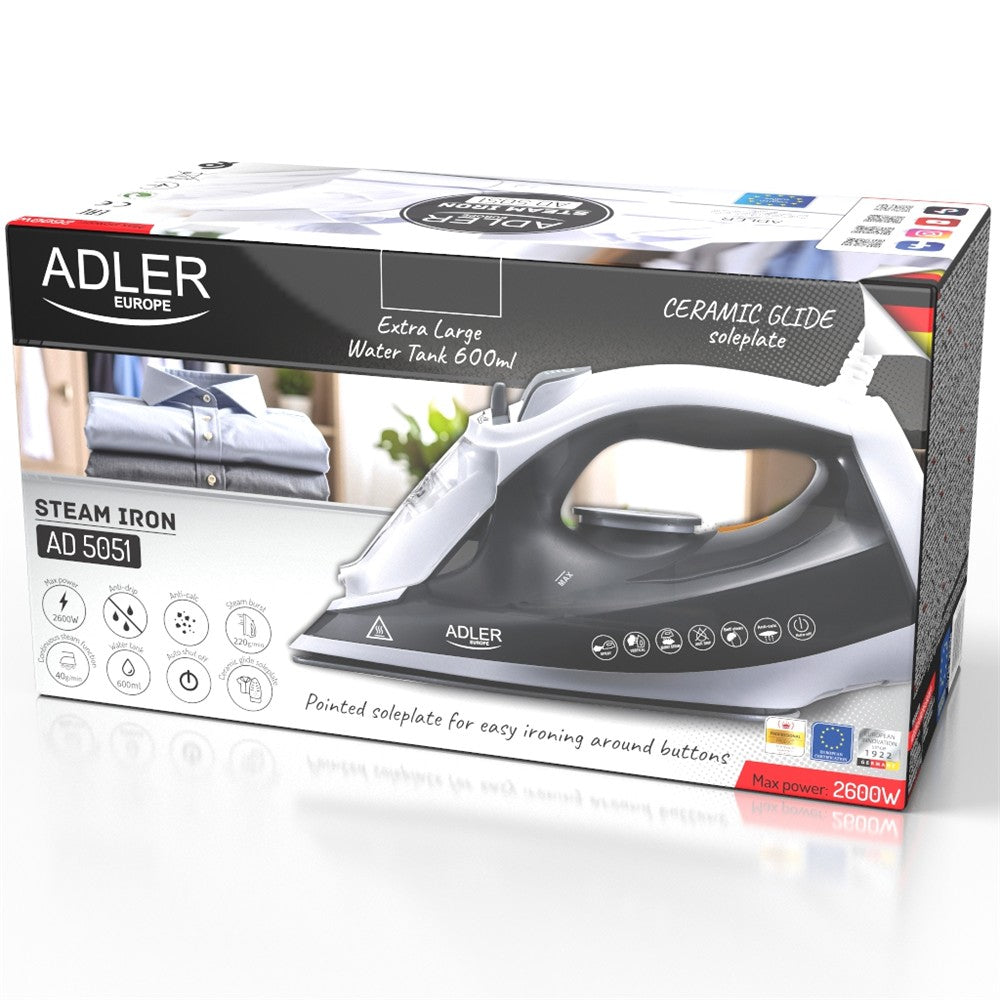 Adler AD 5051 Dampfbügeleisen 2600W, Keramiksohle, Dampfstoß, Vertikaldampf, Anti-Kalk, Anti-Tropf, Selbstreinigung, Bügeleisen für Kleidung, Hemden und Haushalt Grau Weiß