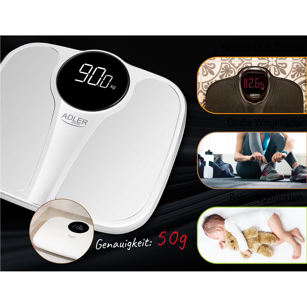 Camry CR 8171 Badezimmerwaage 180 kg – Weiß, LED-Display, Babywiegemodus