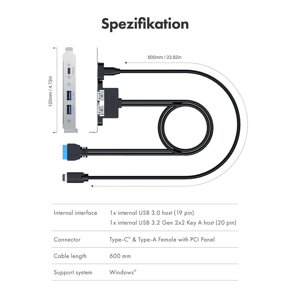 GRAUGEAR PCI Slot Blende mit 1x USB C und 2x USB A 20 Gbit