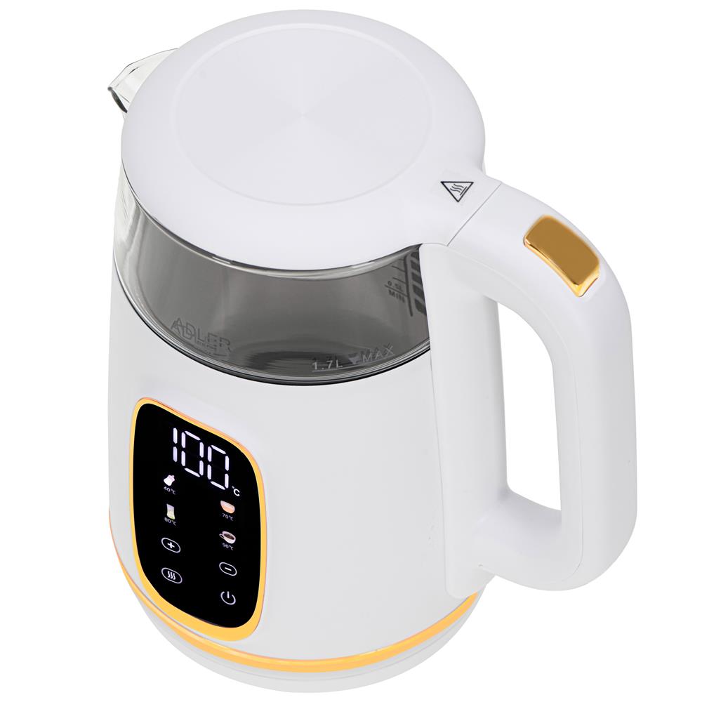 Adler AD 1305 Glas-Wasserkocher 1,7 L mit Temperaturwahl 40–100°C, LED-Display, Warmhaltefunktion 2 Std., 2200 W, Touch-Bedienung weiß gold