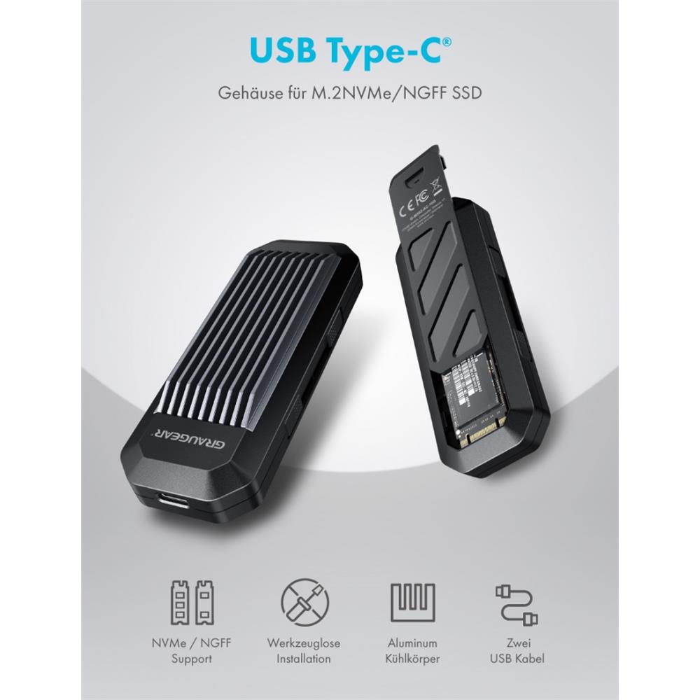GRAUGEAR USB Type C Gehäuse für M.2 NVMe SSD mit Aufbewahrungsbox