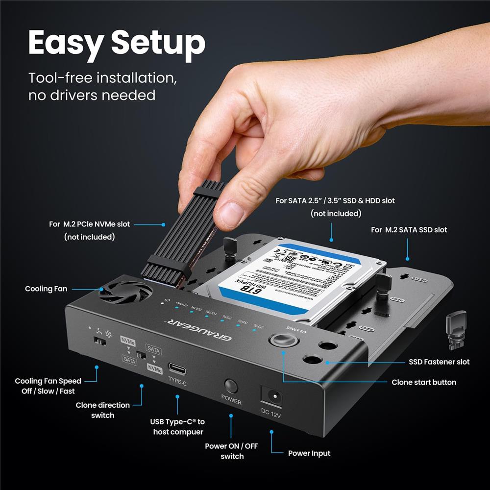 GRAUGEAR Bidirektionale Klonstation für M.2 SATA M2 NVMe SSDs und 2,5"/3,5" HDDs/SSDs Festplatten
