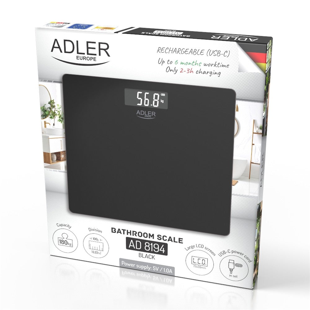Adler AD 8194B Personenwaage Digital bis 180 kg, USB-C Akku Waage mit LCD Display, 100 g Genauigkeit, Glaswaage für Bad & Körpergewicht, Schwarz