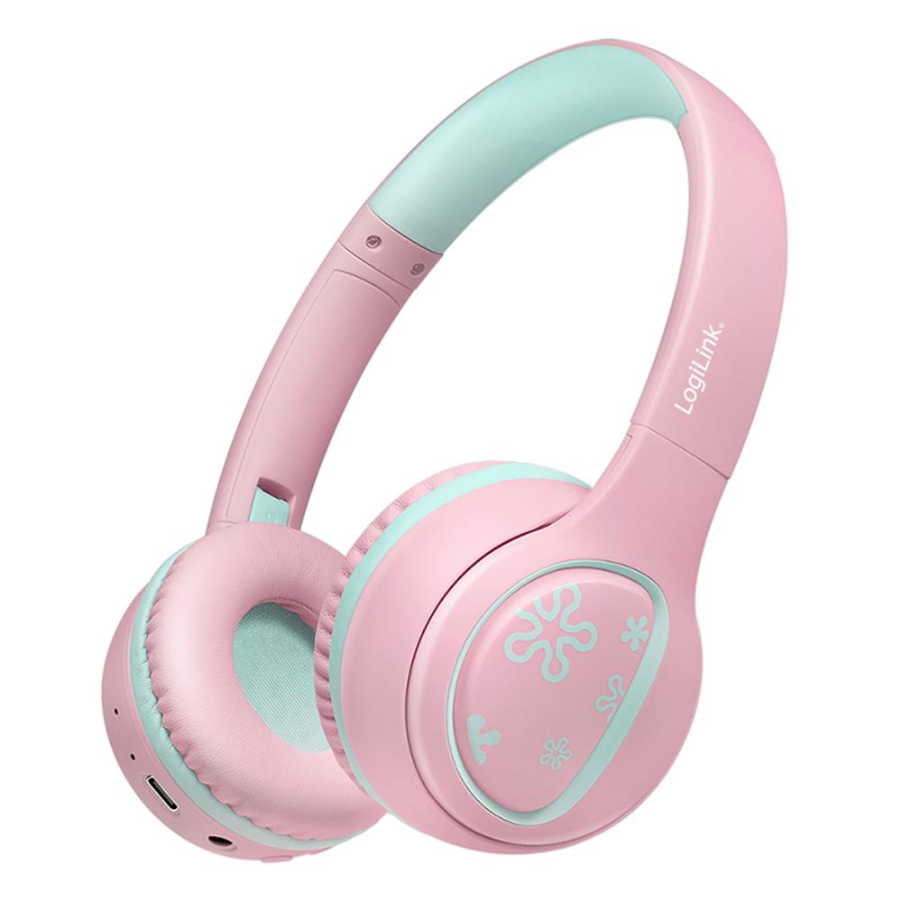 LogiLink Bluetooth 5.4 Kinderheadset, max. 85 dB, mit Mikrofon, faltbar, Pink