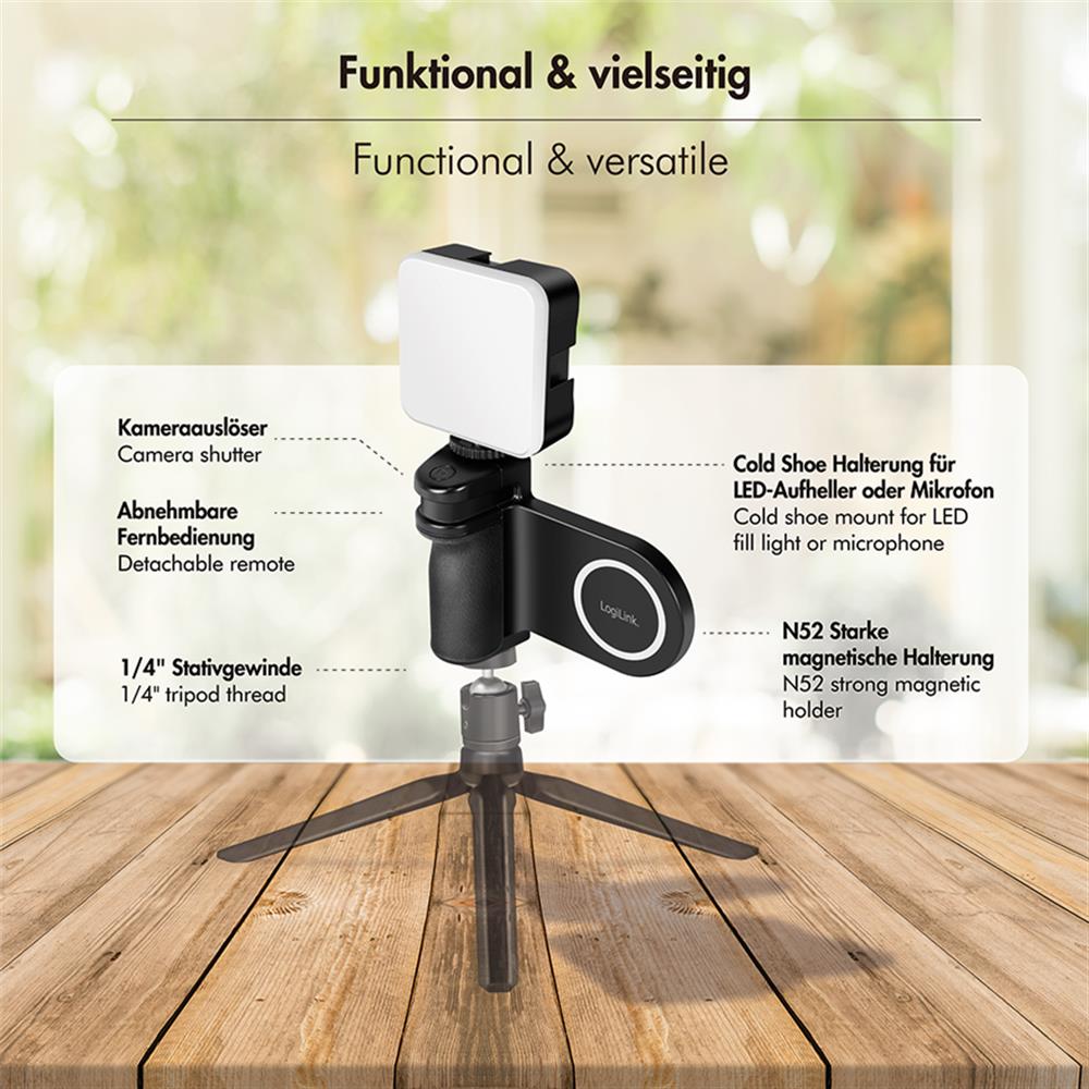 LogiLink Magnetischer Smartphone-Griff mit LED-Licht & BT5.2 Kameraauslöser – MagSafe-kompatibel