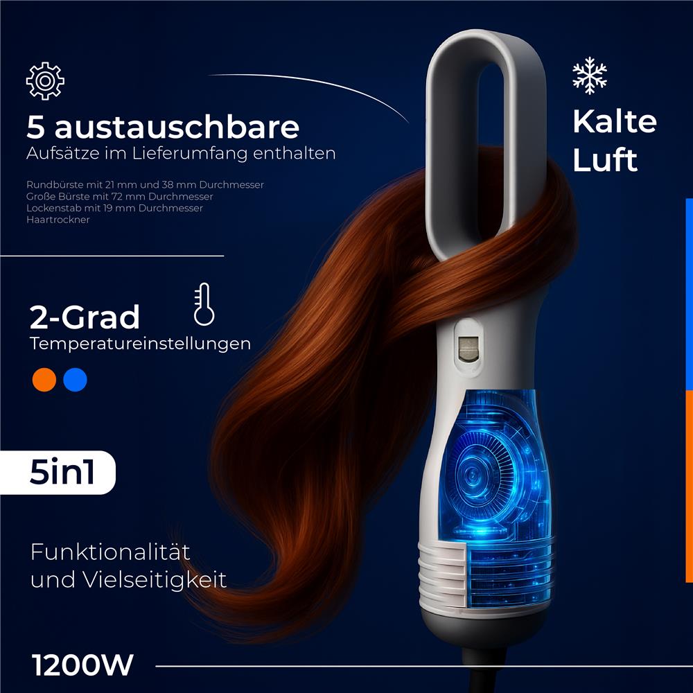 Adler AD 2027 Weiß champagne Haar styler 5 in 1 1200W Kaltlufttaste 2 Temperatureinstellungen Lockenstab Rundbürste