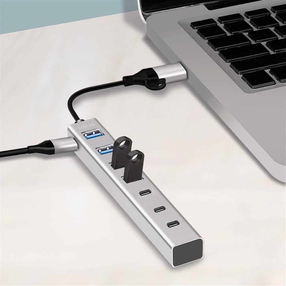 LogiLink USB 3.0 Hub, 7 Ports (4x USB-A, 3x USB-C), 2-in-1 Kabel, Silber