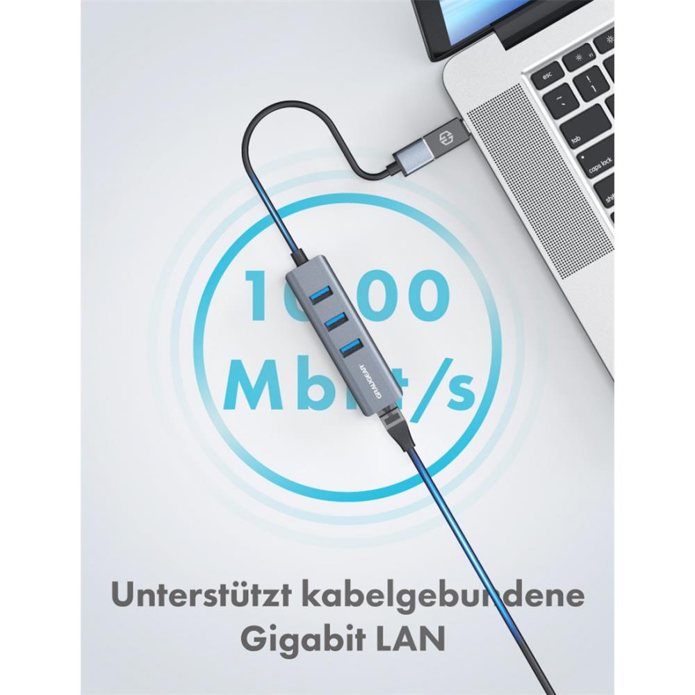 GRAUGEAR USB Hub mit 3 Ports und Gigabit LAN Aluminium