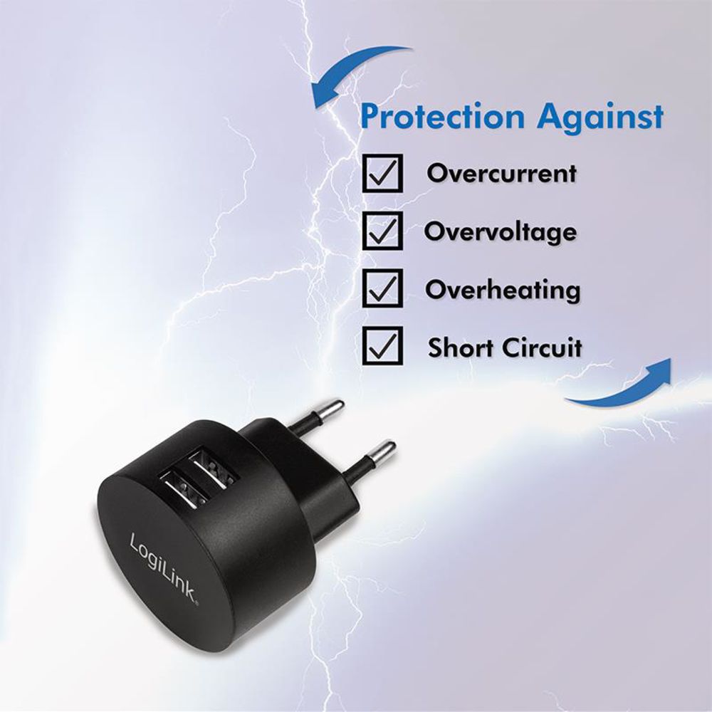 LogiLink Dual USB Schnelllade Steckdosenadapter 2x USB A Schwarz