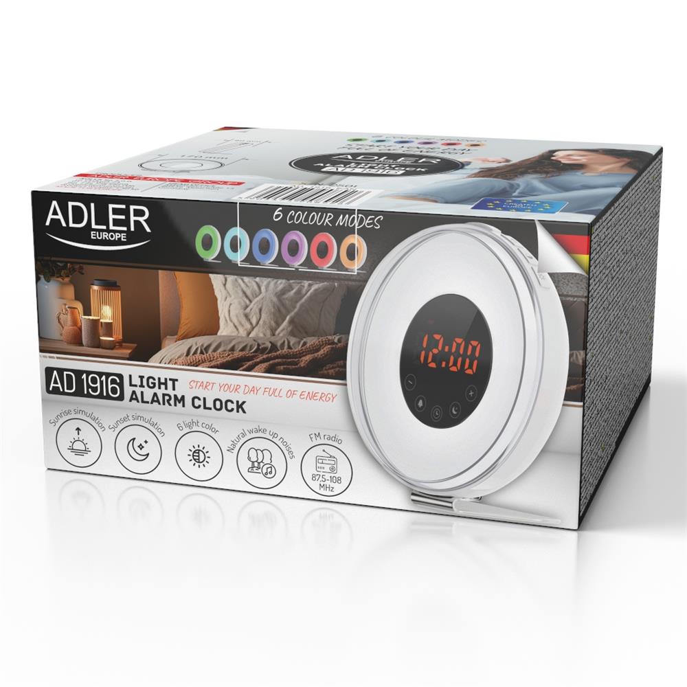 Adler AD 1916 Wake-Up Light Wecker mit Sonnenaufgangssimulation, Naturgeräuschen, FM-Radio und Farbbeleuchtung