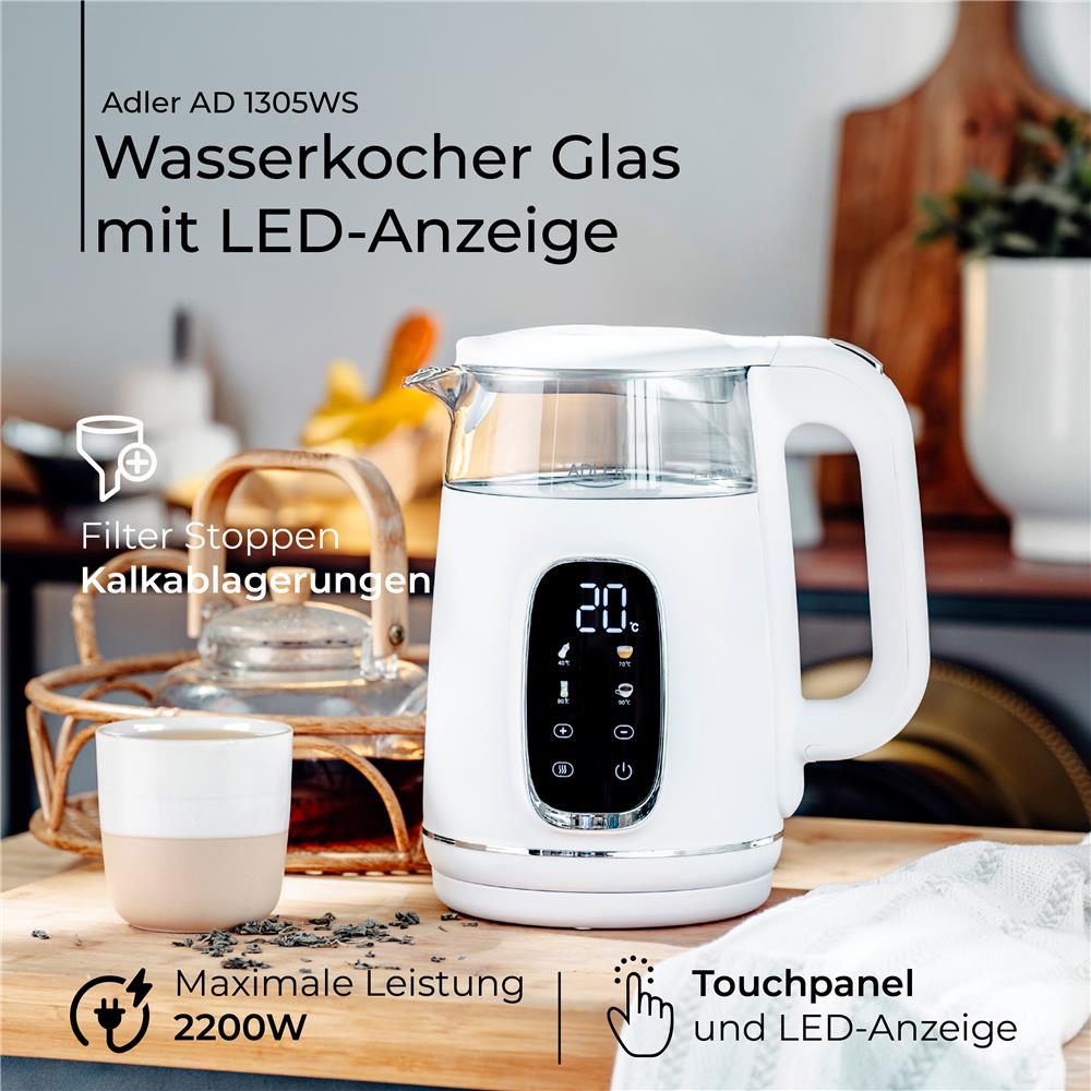 Adler AD 1305 Glas-Wasserkocher 1,7 L mit Temperaturwahl 40–100°C, LED-Display, Warmhaltefunktion 2 Std., 2200 W, Touch-Bedienung weiß silber