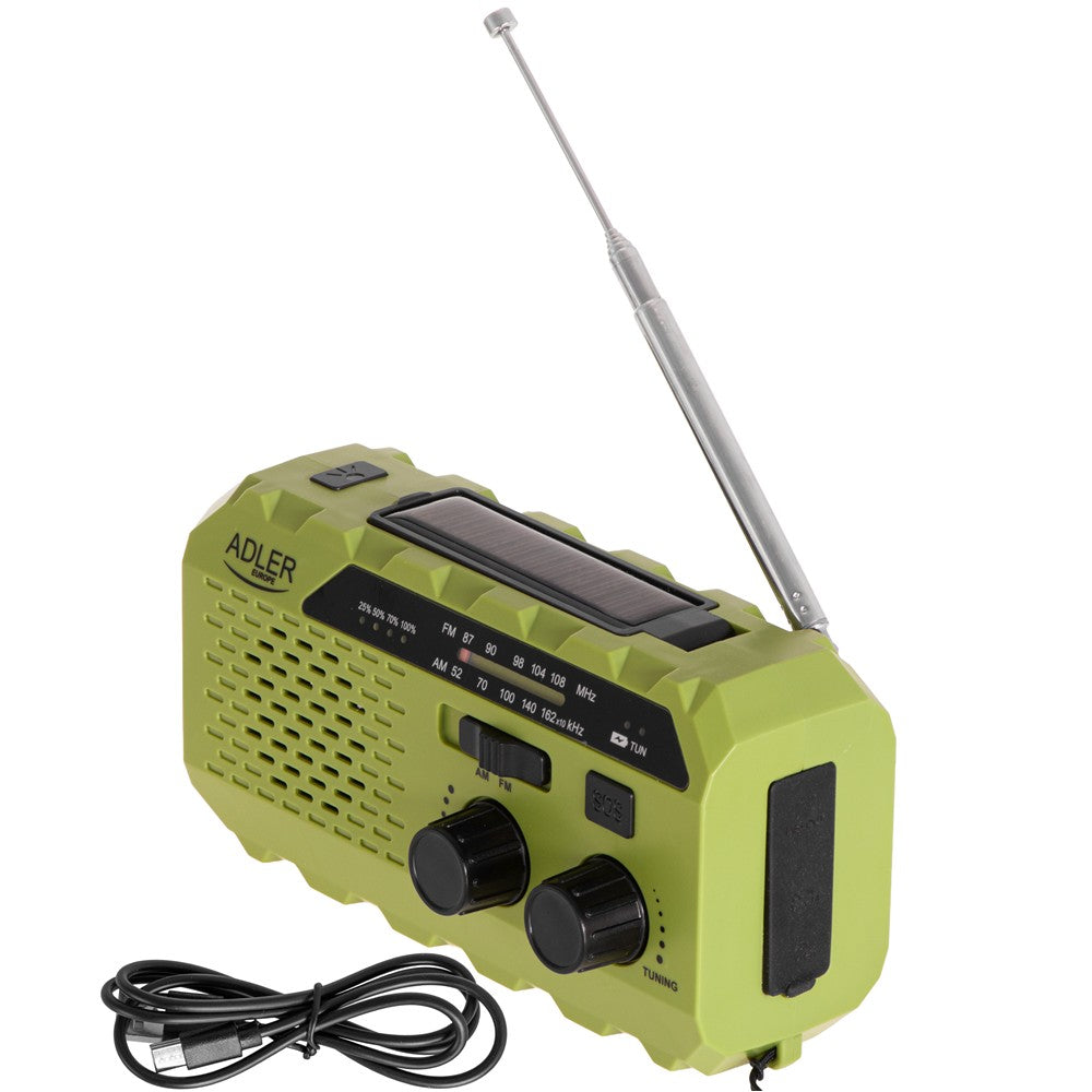 Adler AD 1197 Kurbelradio, tragbares Notfallradio mit Taschenlampe, Solar, Dynamo, Powerbank, SOS-Alarm, FM/AM Radio, Grün
