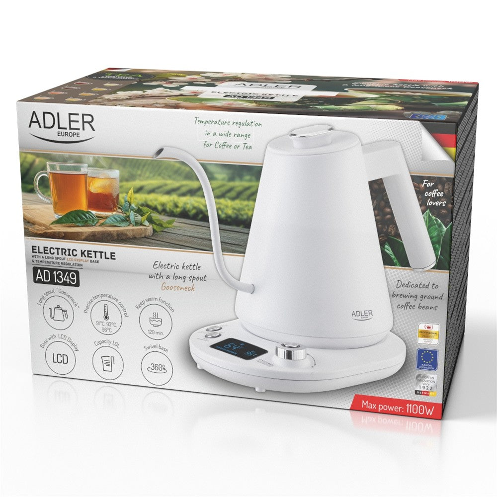 Adler AD 1349 Schwanenhals-Wasserkocher 1 L, elektrischer Schwanenhalskessel mit LED-Display, Temperaturregelung 40-100 °C, Warmhaltefunktion, 360° Basis, Weiß/Silber