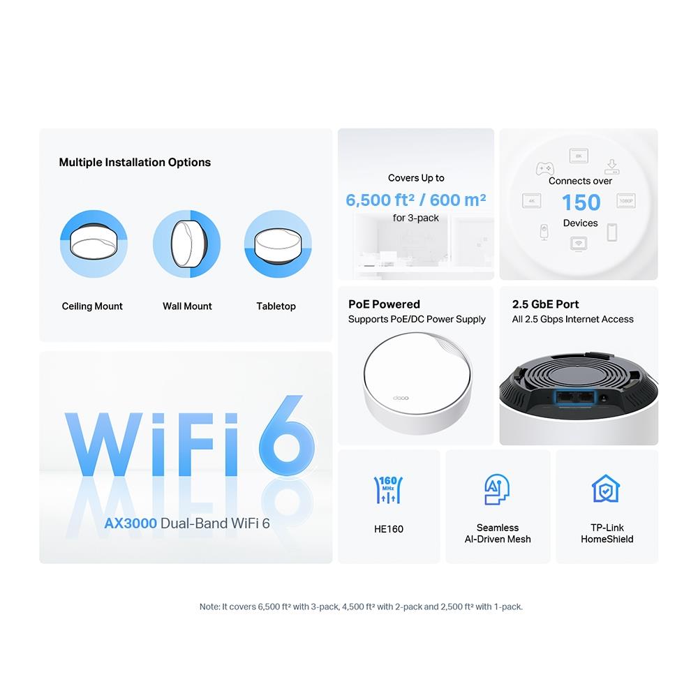 TP-Link Deco X50 PoE AX3000 WiFi 6 Mesh System 1er Pack 2.5G PoE HomeShield