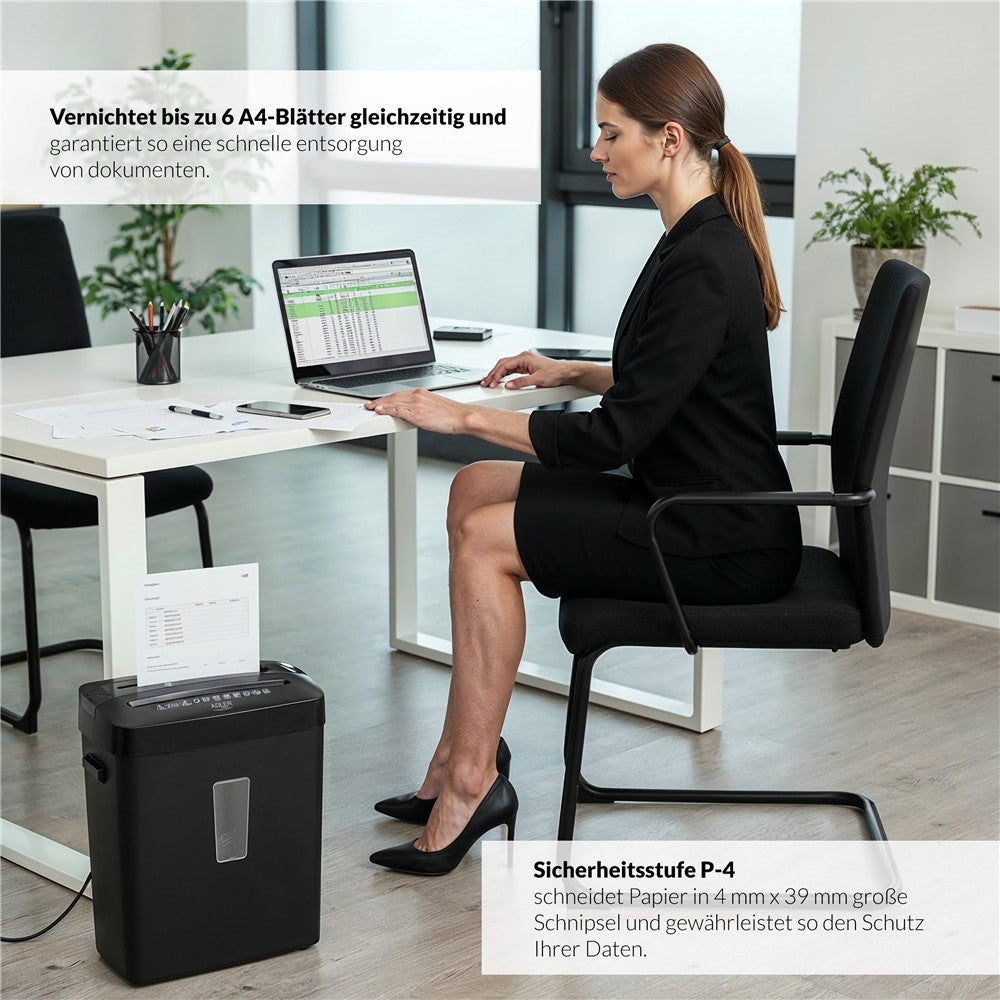 Adler AD 1037 Aktenvernichter, Papiervernichter P-4 für 6 Blatt A4, Schredder für Dokumente, CDs, DVDs und Kreditkarten, 13 l, schwarz