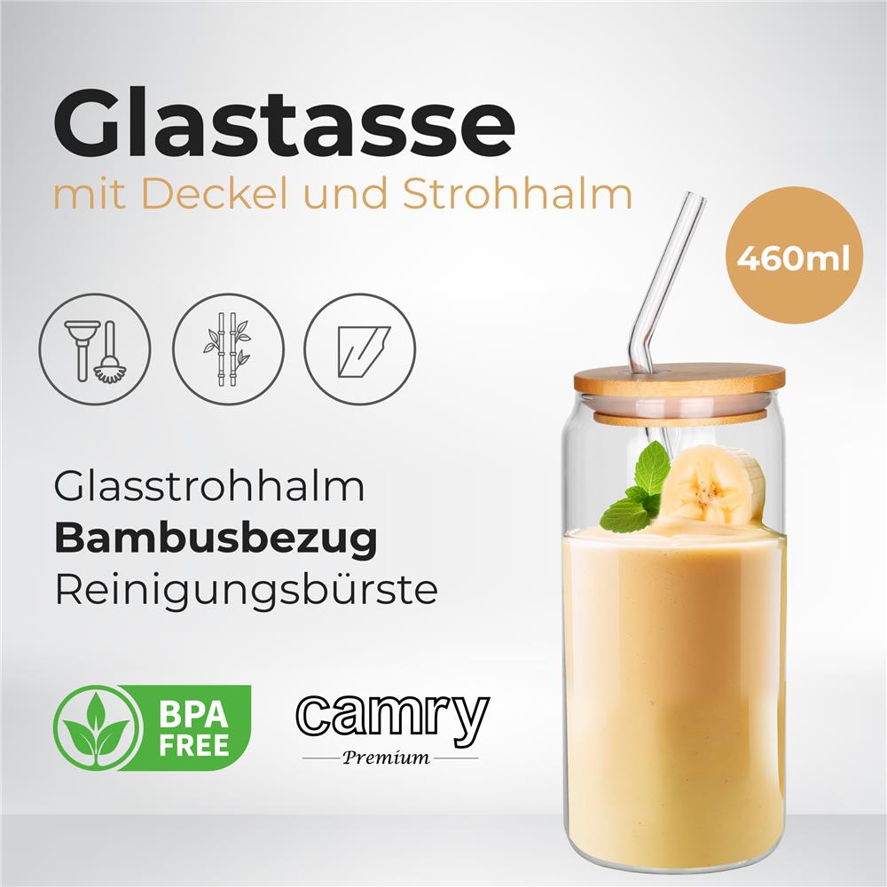 Camry CR 4426 Glasbecher mit Strohhalm und Reinigungsbürste für heiße und kalte Getränke