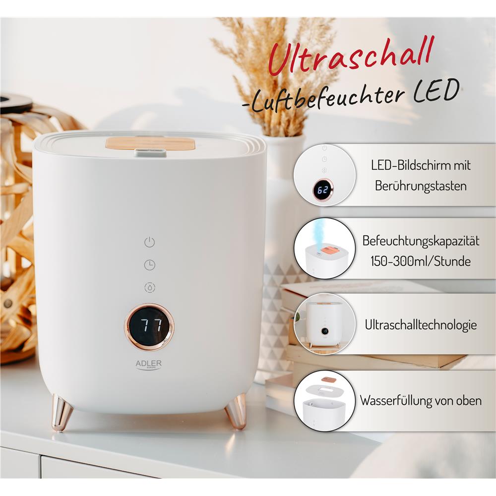 Adler AD 7972 Ultraschall Luftbefeuchter elektrisch Humidifier ultra leise weiß