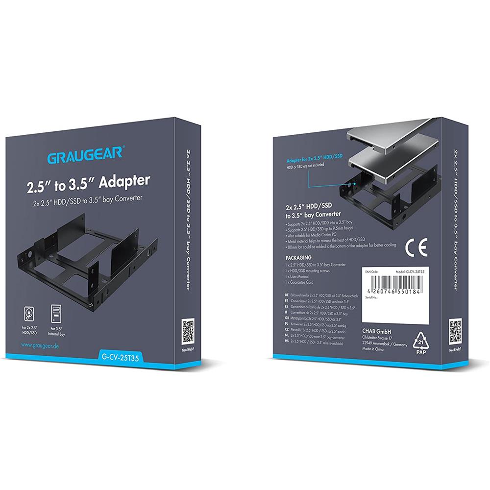 GRAUGEAR Konverter 2x 2,5 Zoll HDD SSD auf 3,5 Zoll Schacht