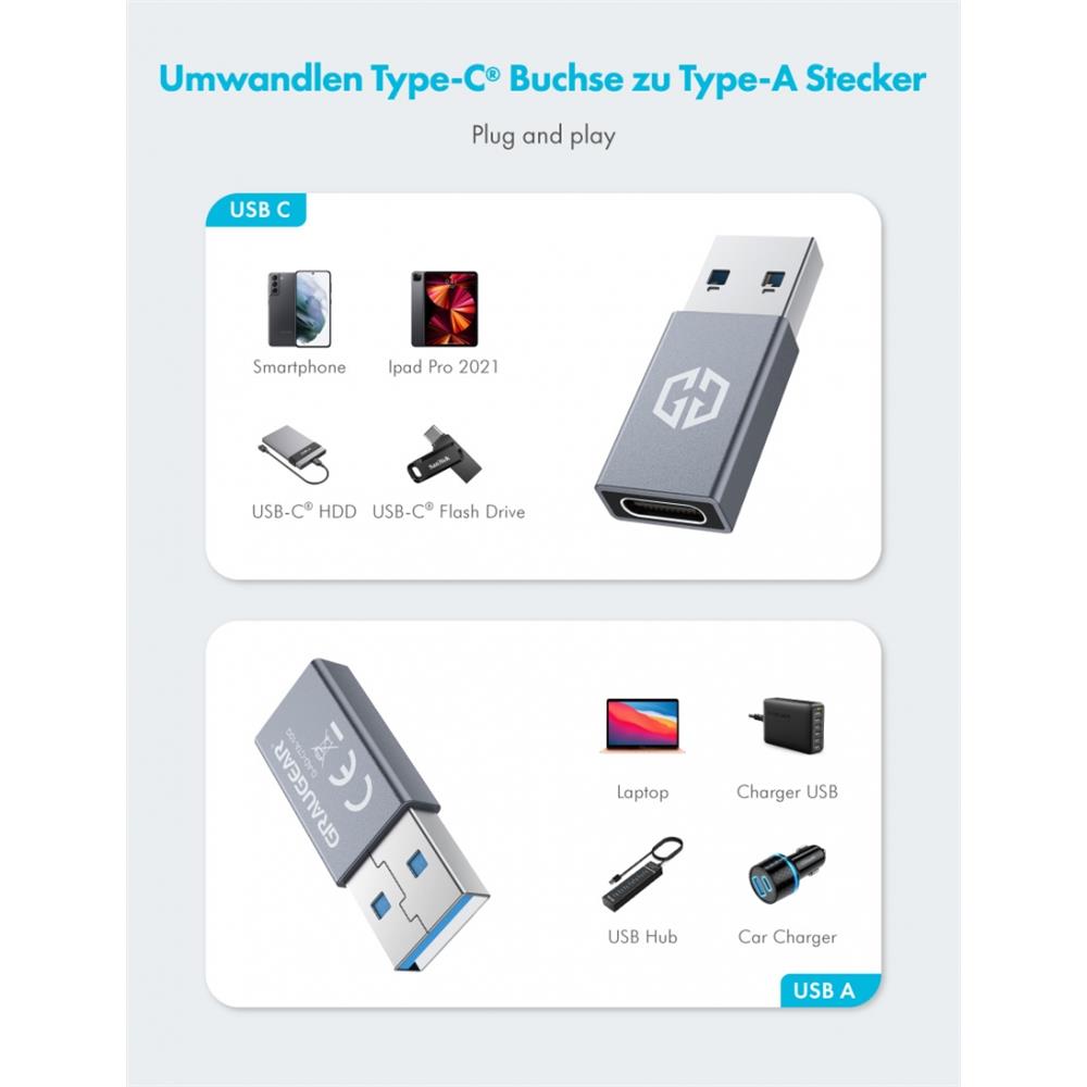 GRAUGEAR USB Type C auf Type A Adapter USB 3.2 Gen2 10 Gbit s