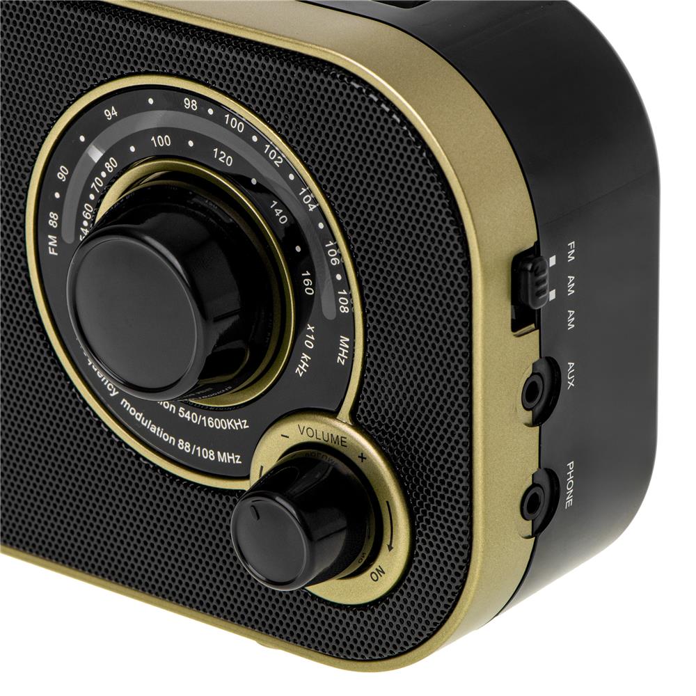 Camry CR 1910g tragbares Radio, FM/AM Kofferradio mit 2 W Lautsprecher, Netz- und Batteriebetrieb, 3,5 mm Kopfhöreranschluss, Teleskopantenne, schwarz/gold