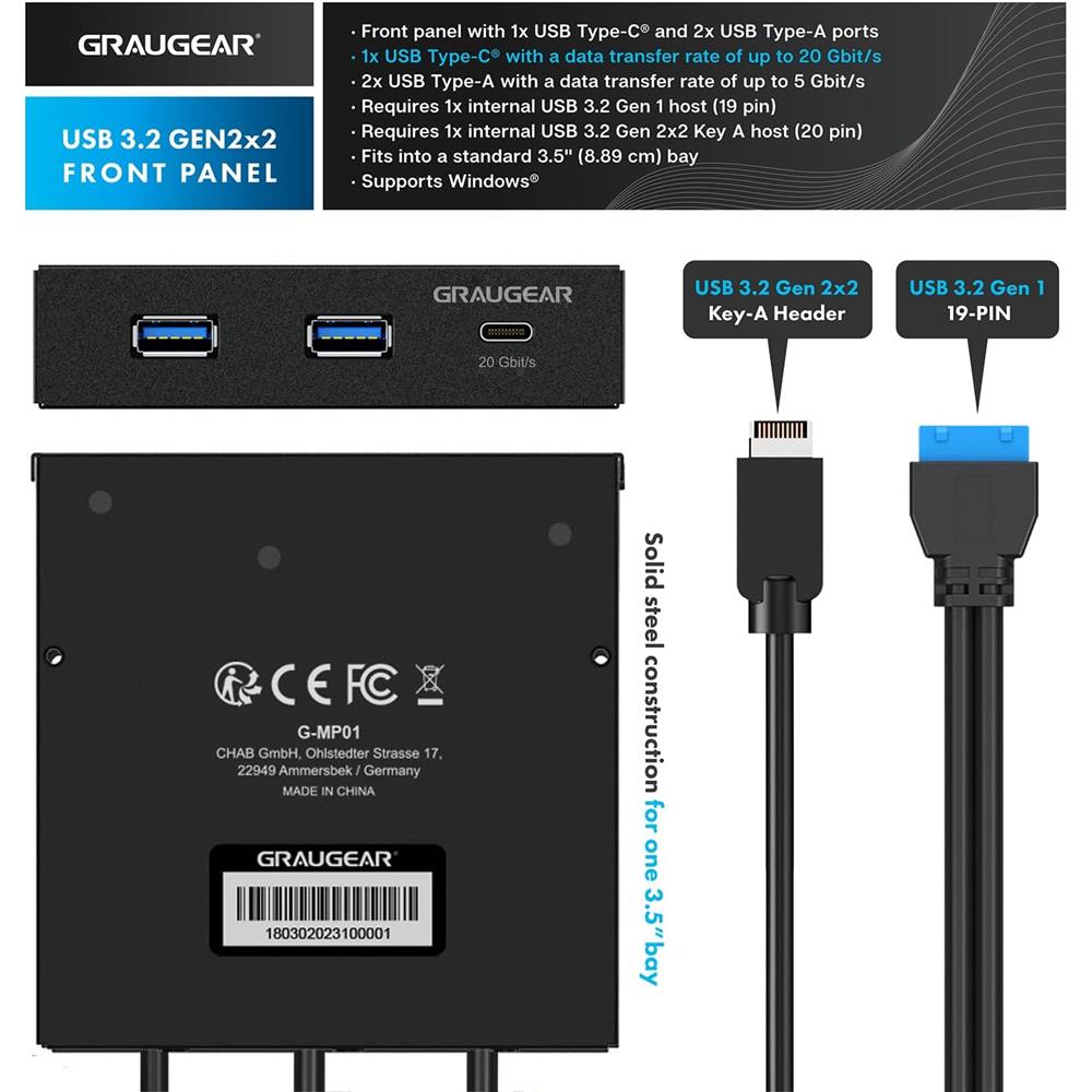 GRAUGEAR Multi Frontblende USB 3.2 Gen2x2 Type C 20 Gbit