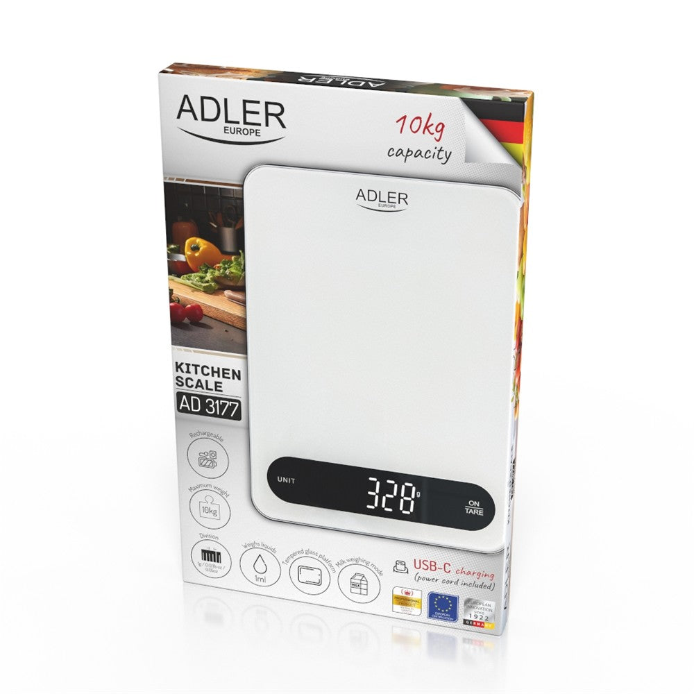 Adler AD 3177WB Küchenwaage Digital 10 kg, Elektronische Haushaltswaage mit Tara Funktion, USB-C aufladbar, Präzisionswaage zum Kochen und Backen, Glaswaage, Weiß