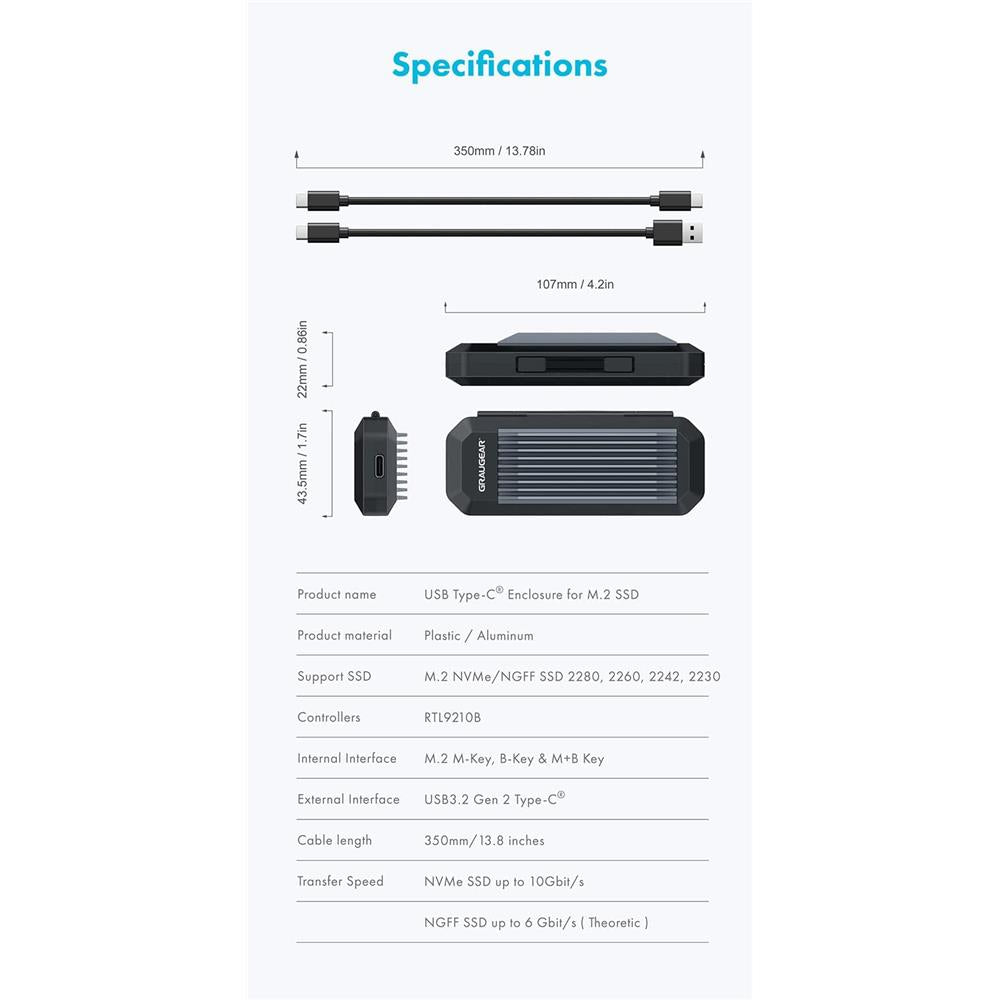 GRAUGEAR USB Type-C Gehäuse für M.2 NVMe SSD, Aluminiumgehäuse, integrierten Aufbewahrungsbox