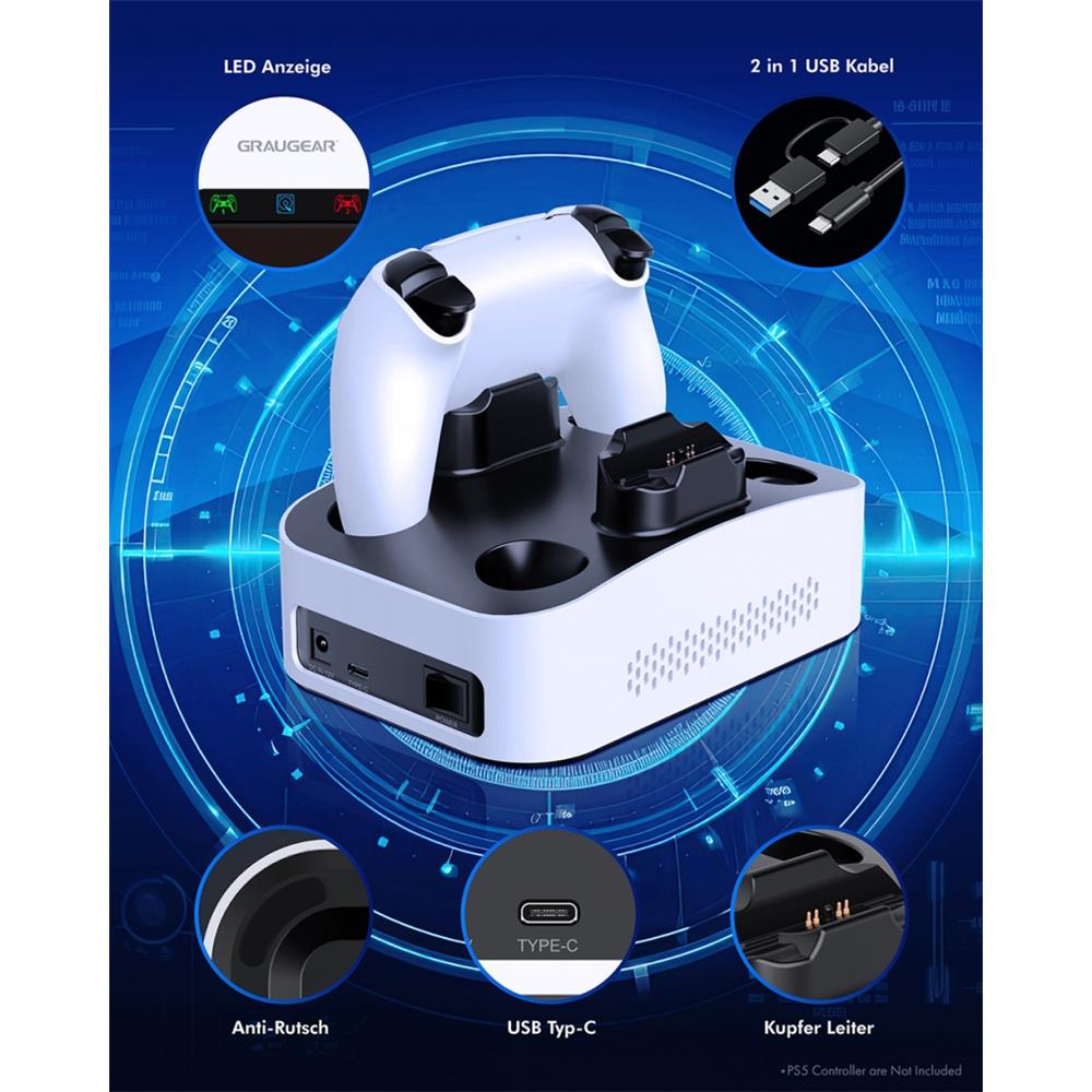 GRAUGEAR Gaming Type C Gehäuse mit Ladestation für 2 PS5 Controller