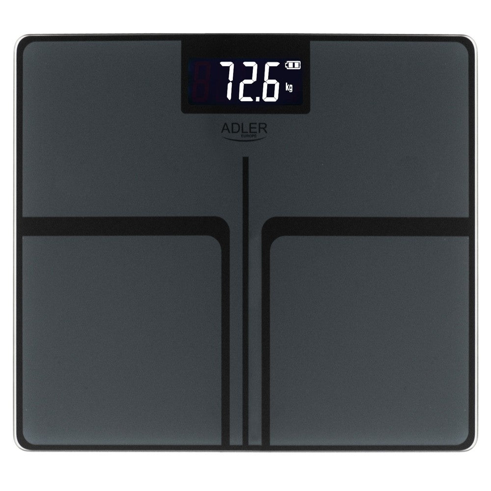 Adler AD 8194S Personenwaage Digital bis 180 kg, USB-C Akku Waage mit LCD Display, 100 g Genauigkeit, Glaswaage für Bad & Körpergewicht, dunkel Grau gestreift