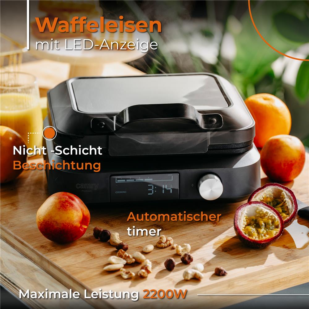 Camry CR 3086 Waffeleisen Schwarz Antihaftbeschichtet 6 Bräunungsstufen LED Anzeige