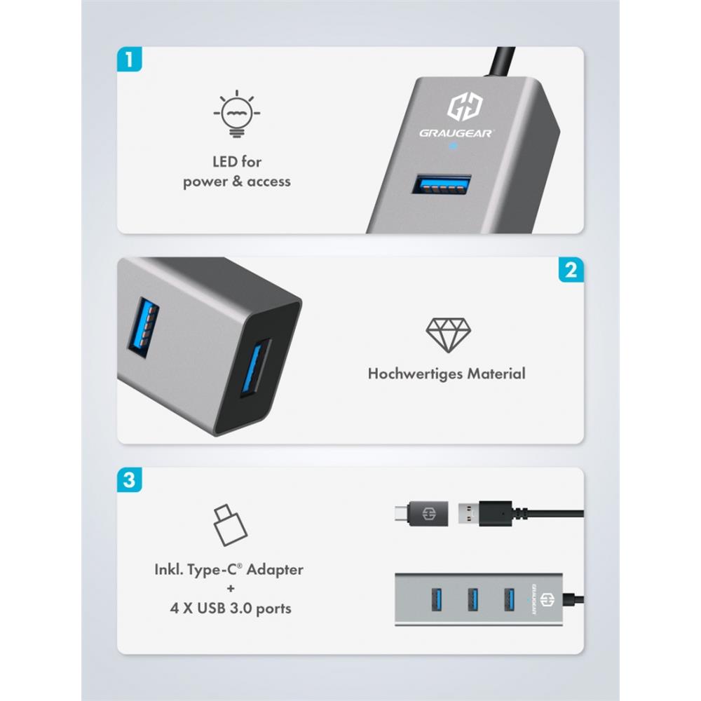 GRAUGEAR USB 3.0 Hub 4 Port Type A Aluminium