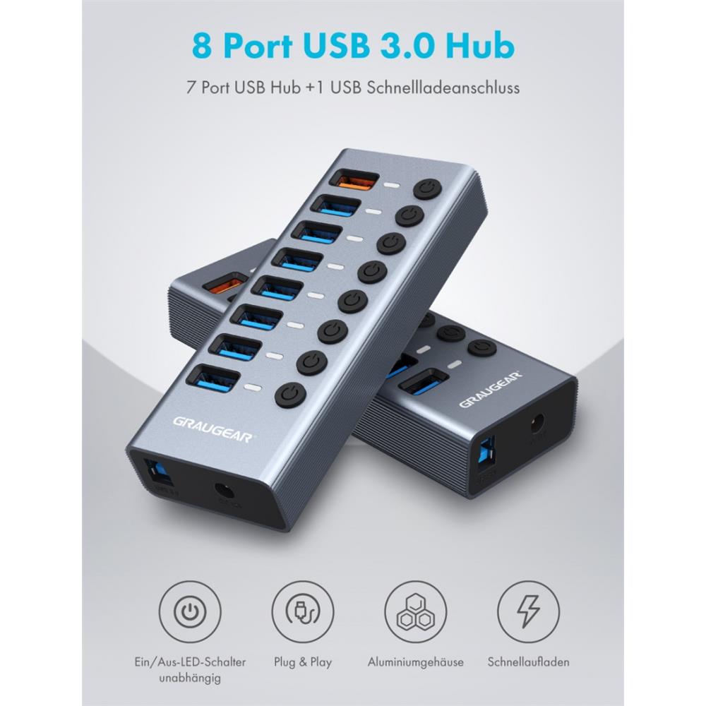 GRAUGEAR USB 3.0 Hub 7 Port mit Schnellladeanschluss