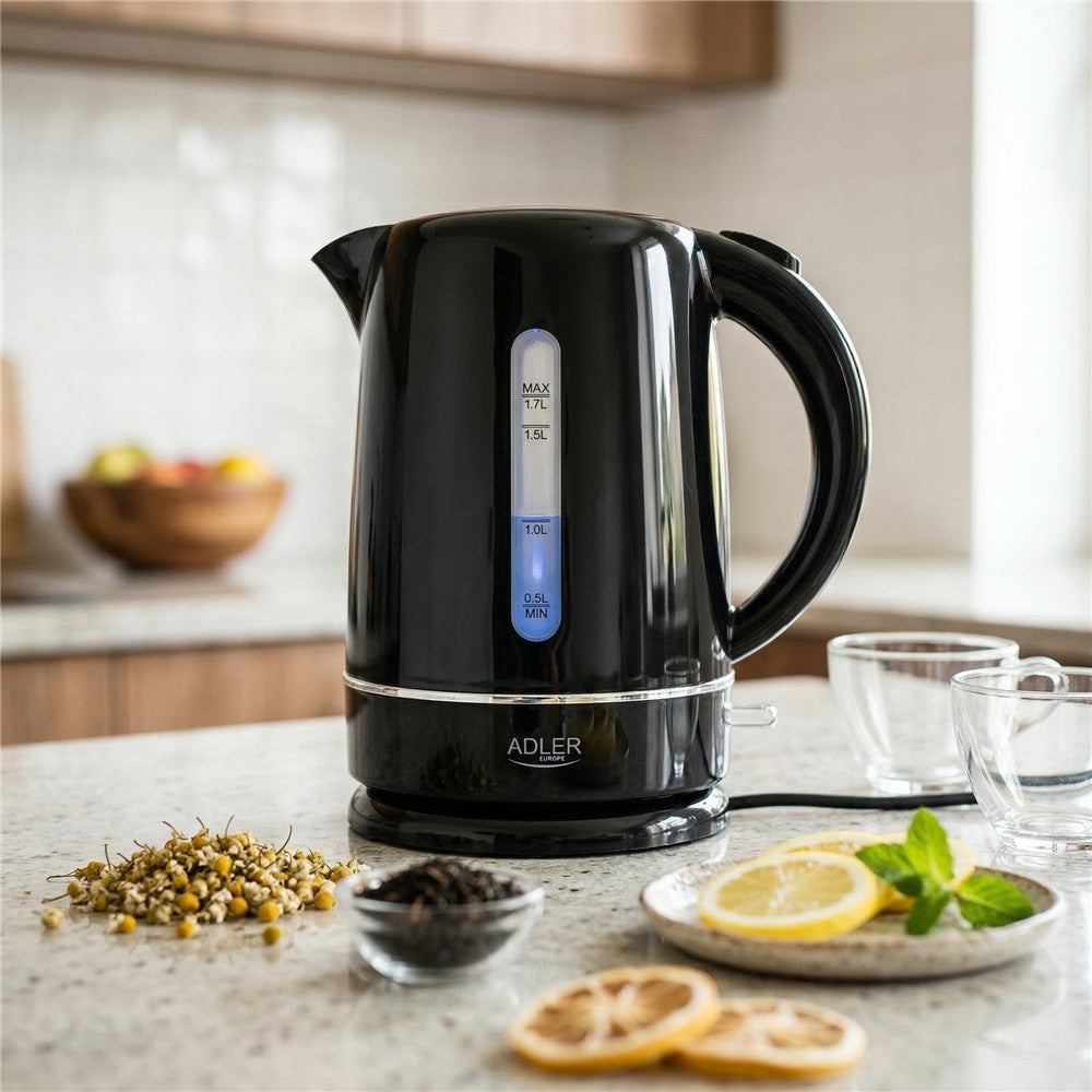 Adler AD 1385 Wasserkocher schwarz 1,7 l mit Kalkfilter, flachem Edelstahl-Heizelement, 360°-Sockel und Wasserstandsanzeige