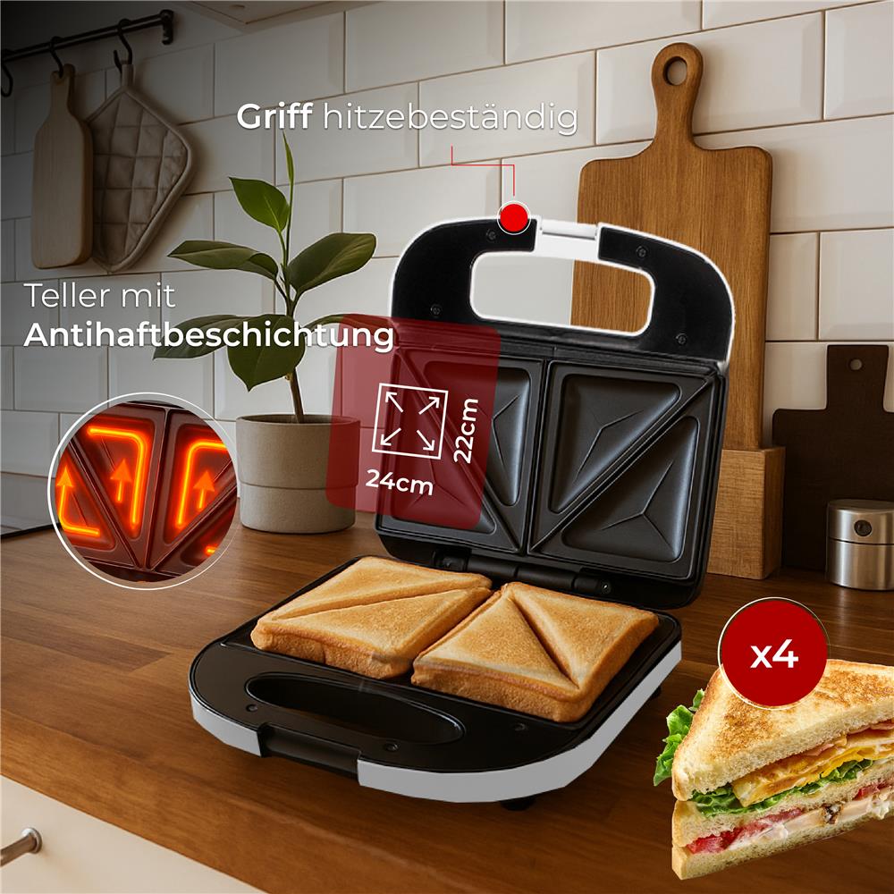Adler AD 3055 Sandwichmaker für 4 Sandwiches mit Antihaftbeschichtung Weiß