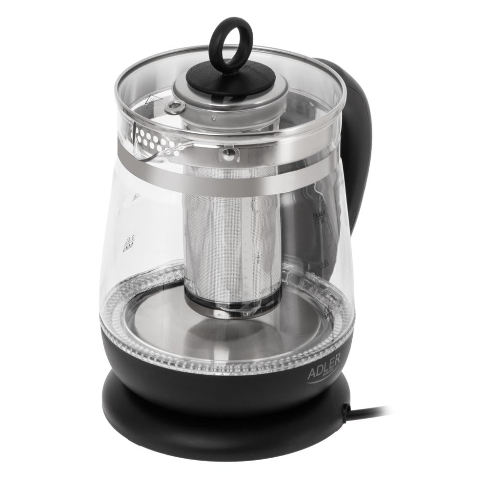 Adler AD 1299 Black Glas-Wasserkocher mit Temperaturregelung, Teesieb, LED-Beleuchtung, 1,5 L