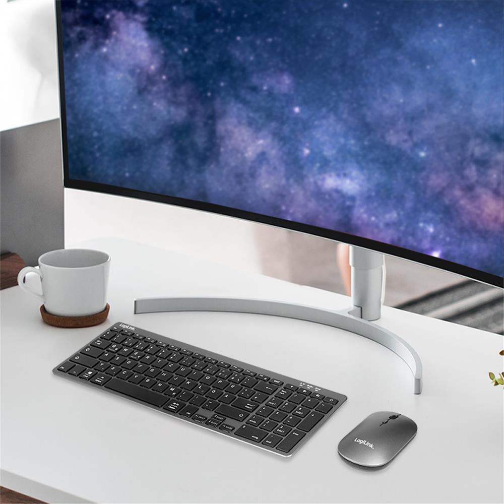LogiLink 2,4 GHz & Bluetooth 5.0 Dual-Mode Tastatur-Maus-Set – Aluminium, Grau