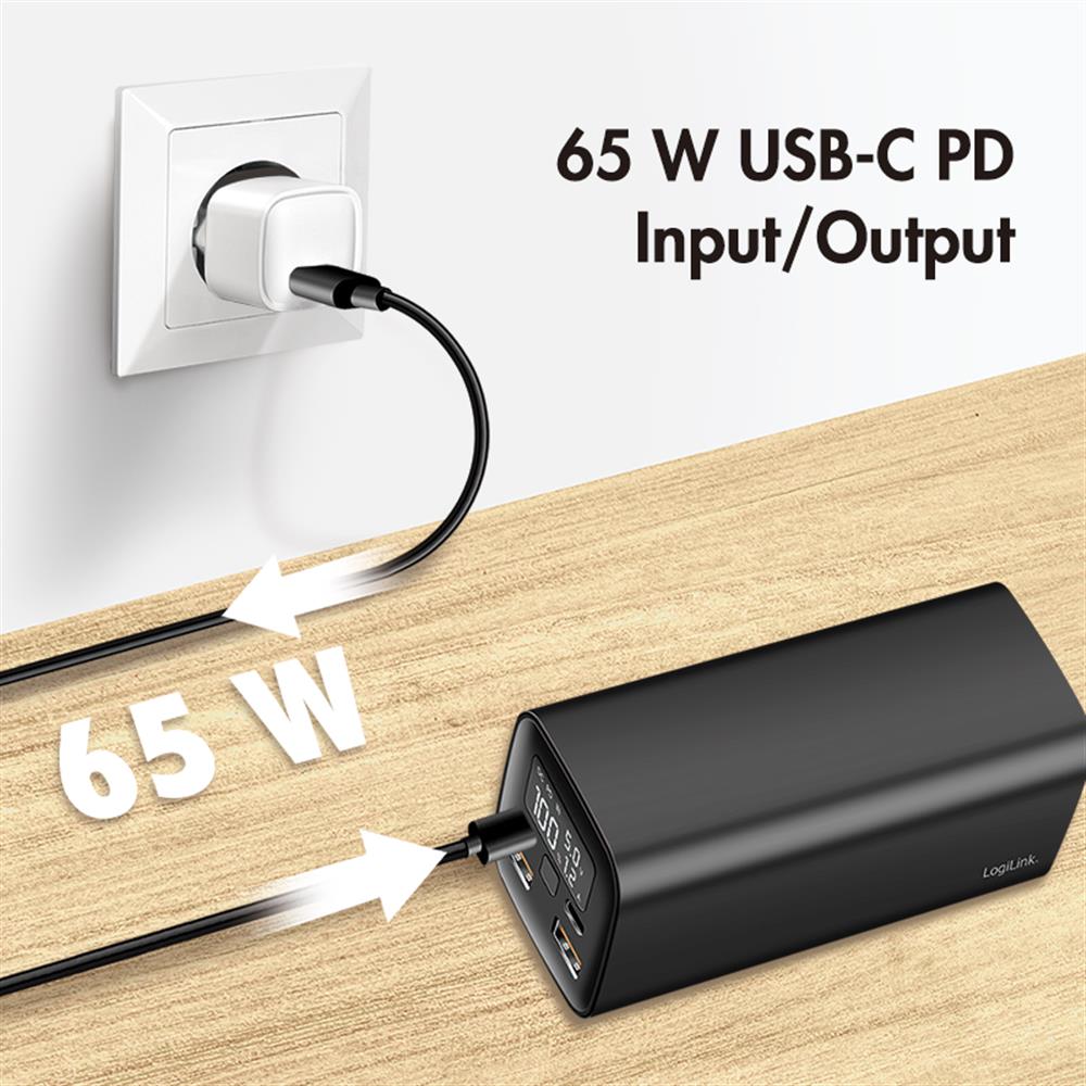 LogiLink Powerbank 20.000 mAh, QC 3.0 & PD 3.0, 65 W Schnellladen, Schwarz