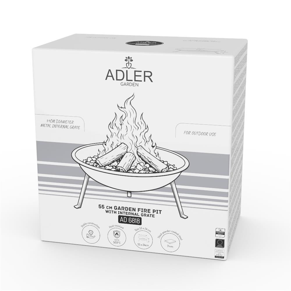 Adler AD 6819 Feuerschale Garten 58 cm, Stahl Feuerstelle Outdoor für Holz & Briketts, runde Gartenschale mit Griffen, 3 Standbeinen, hitzebeständig bis 500 °C, Matt